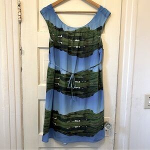 Anthropologie Meadow Rue Silk Shift Dress Sz 8US Blue Green Scene Lined Belt